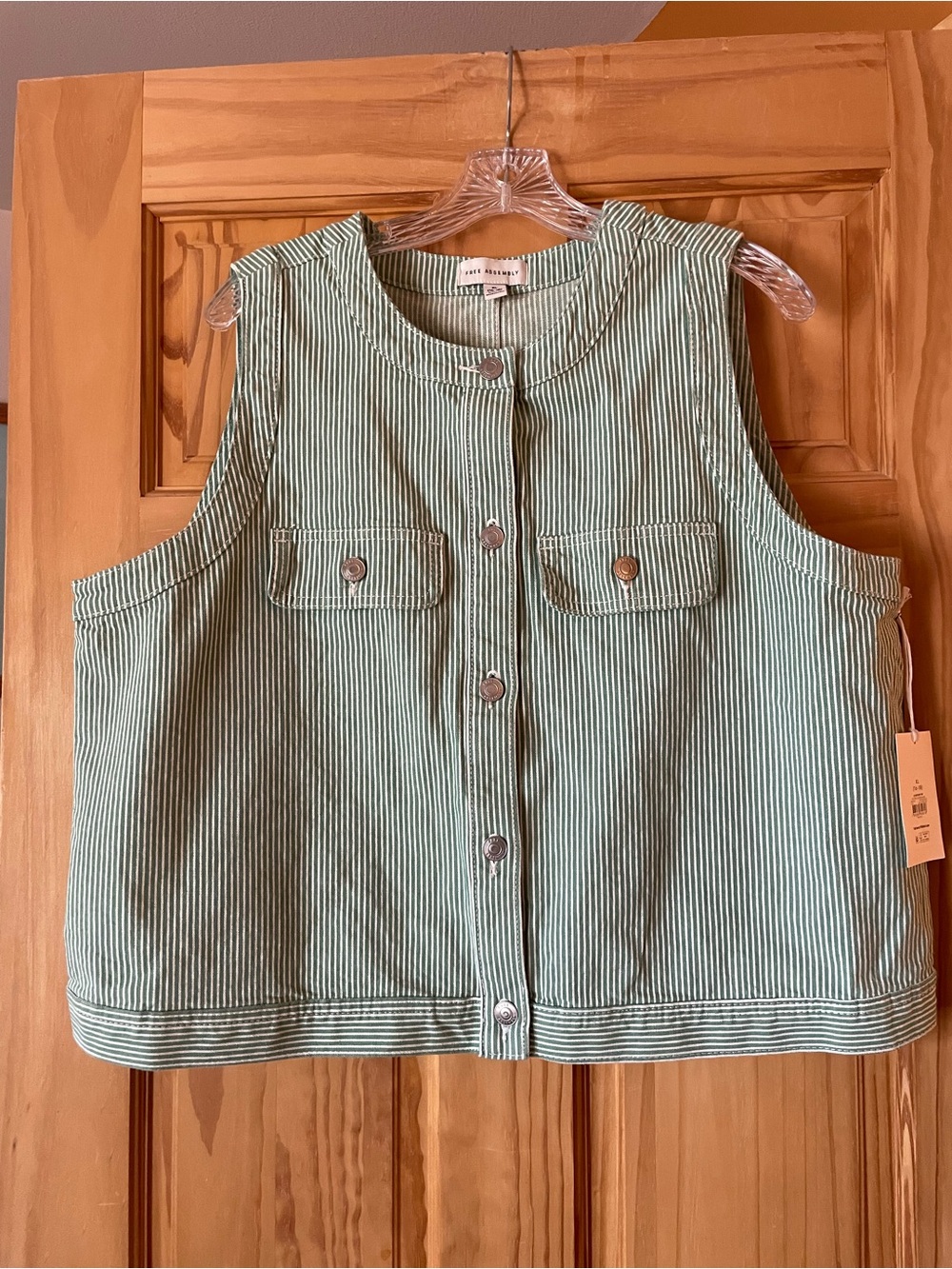 Light Green Striped Button-Front Sleeveless Vest